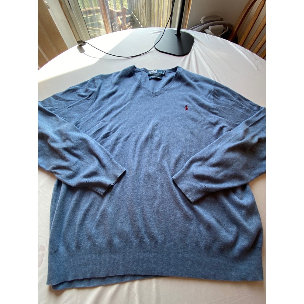Polo Ralph Lauren Mens XXL Blue 100% Pima Cotton V-Neck Sweater Red Pony Logo